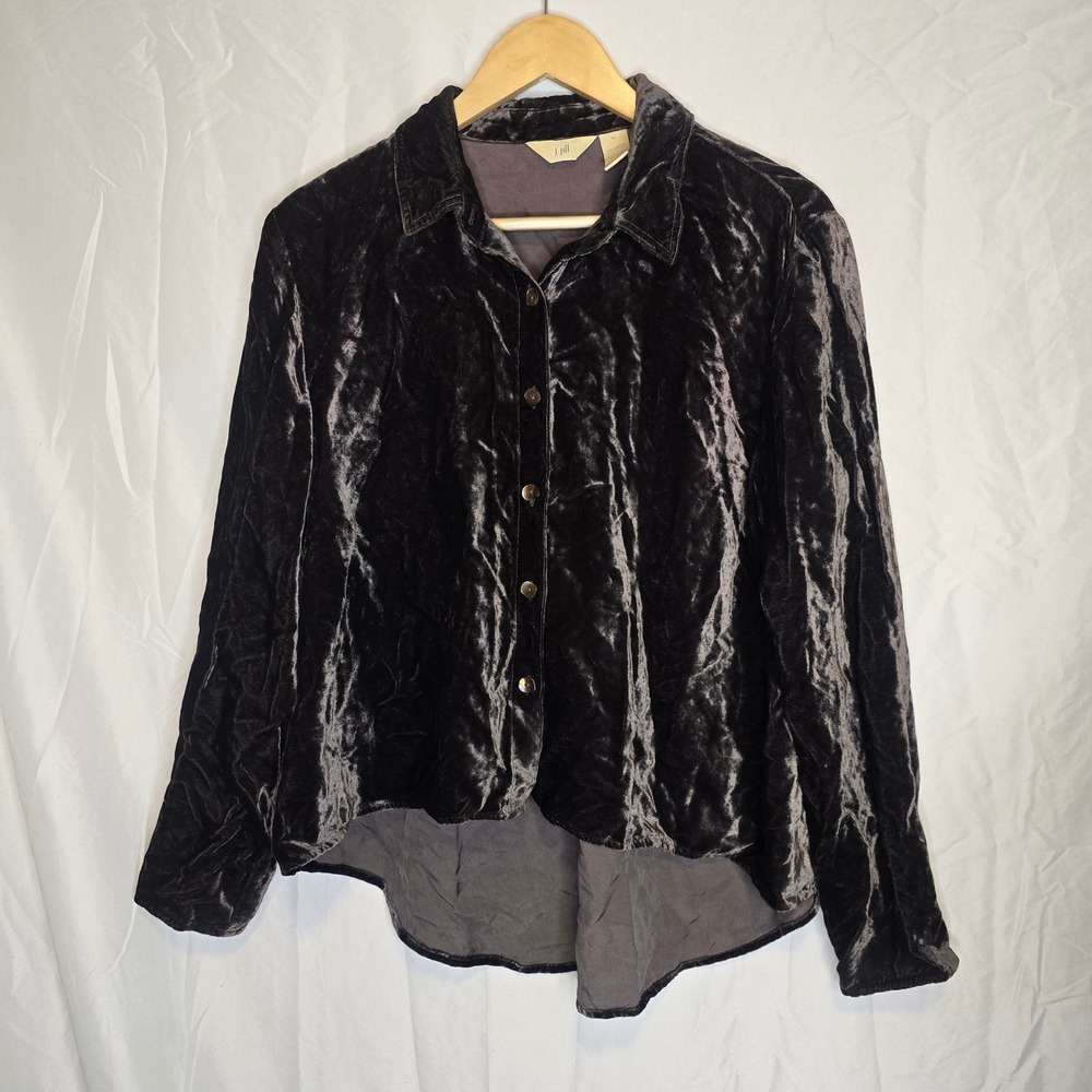 J. Jill Crushed Velvet Button Down Women M Brown Rayon Goth Whimsigoth Luxe Top